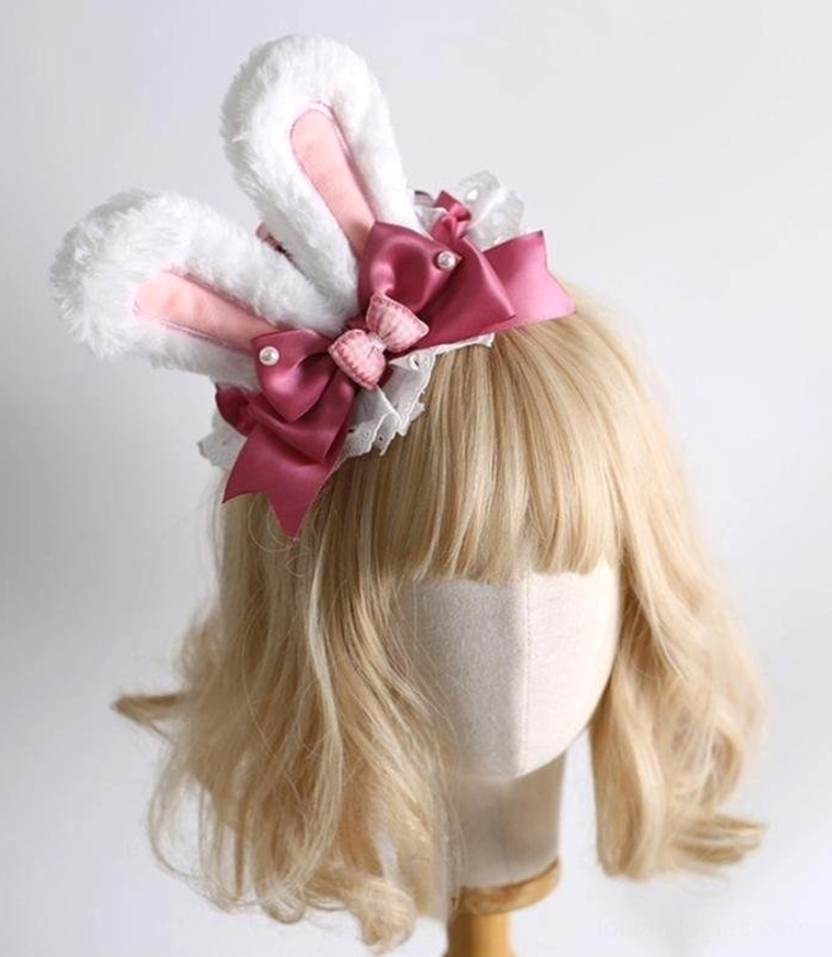 Lolita bunny ear hair headdress right three-quarter view blonde mannequin plush white ears pink checkered inner panels satin bows with pearl decorations lace trims