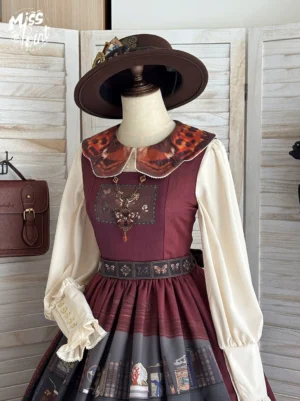 German Bookshelf Lolita burgundy dress matching set with printed waistband and wide-brim hat full body coordination on mannequin wooden backdrop