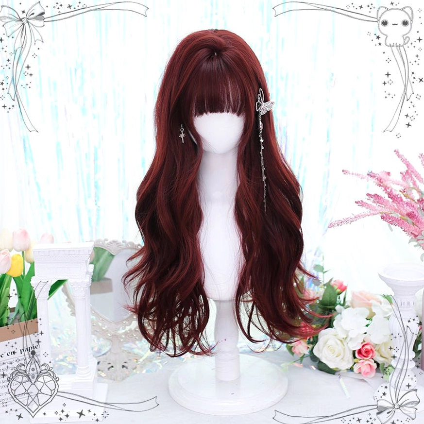 Burgundy Lolita long curly wig on mannequin with silver tassel hairpin accent and minimalist floral display