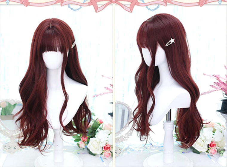 Two-angle product collage of burgundy Lolita wig showing front view and right side profile with blunt bangs and natural waves