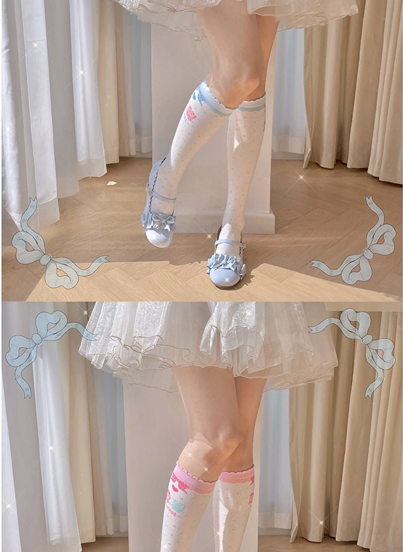 Split multi-angle shot of lolita calf socks showing both blue and pink trimmed styles on same model wearing silver Mary Janes