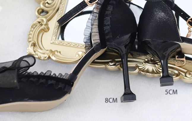 Lolita camellia bow stiletto heels sizing guide European sizes 37 38 39 burgundy black heel height options reference