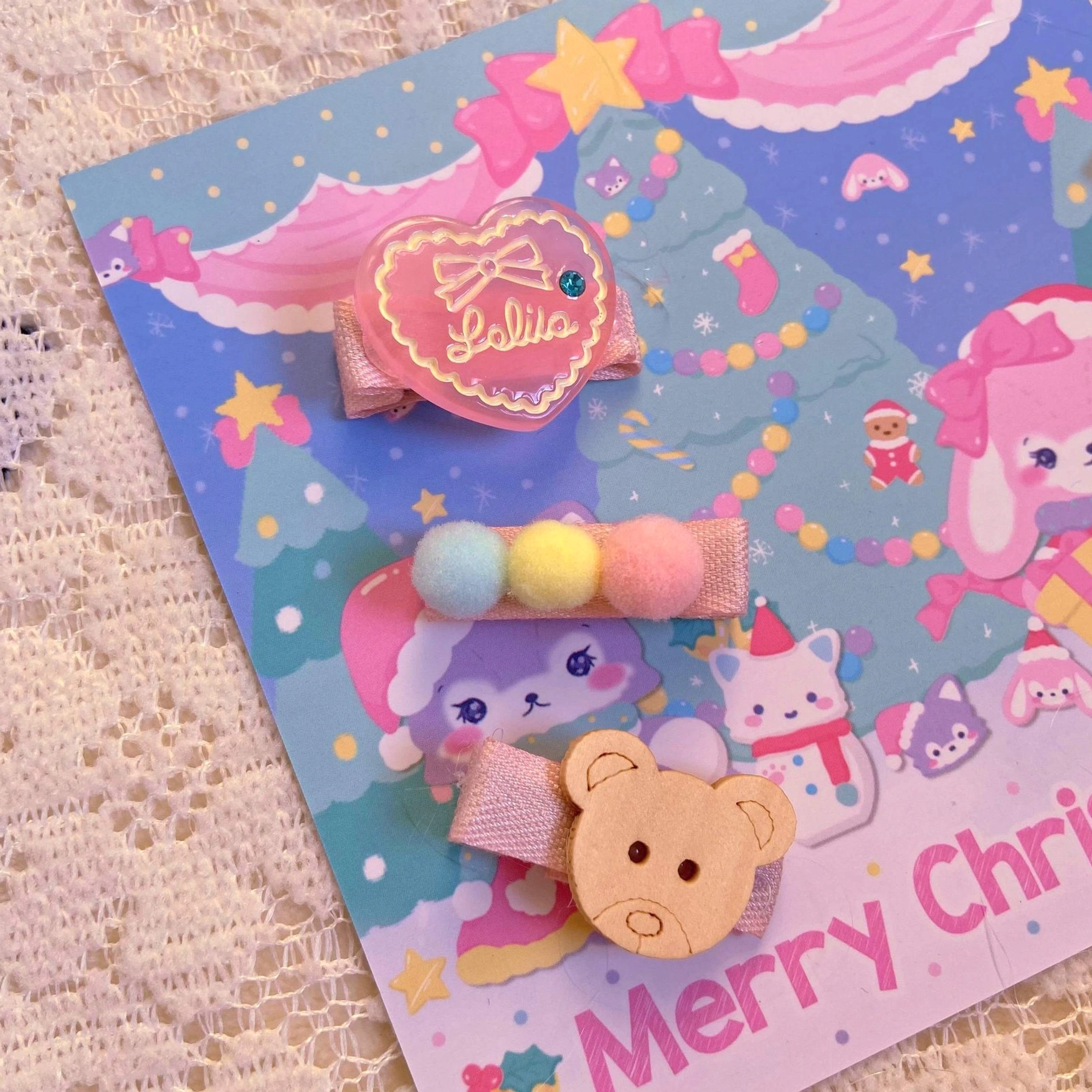 Lolita themed candy hair accessories collection including heart-shaped lolita clip pom-pom fuzzy clip and wooden bear hair clip on cute Christmas cartoon background
