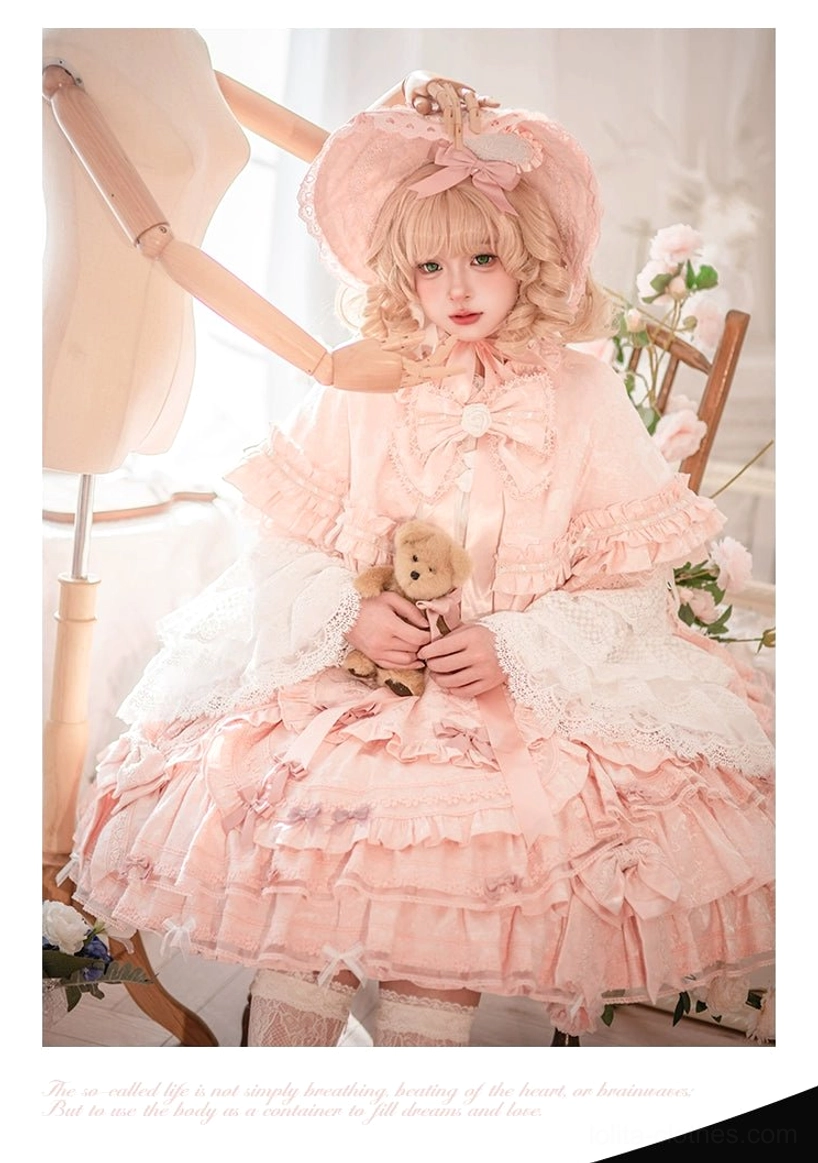 Lolita cape bonnet set layered construction tiered ruffles pleated edges elegant silhouette