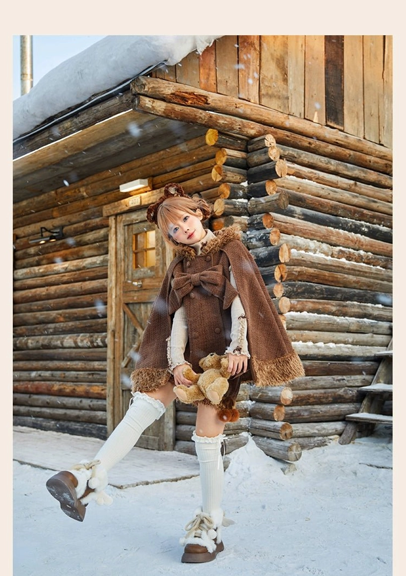 Detachable oversized front bow on lolita cape showing attachment mechanism and how to customize look by removing or keeping bow attached for different occasions