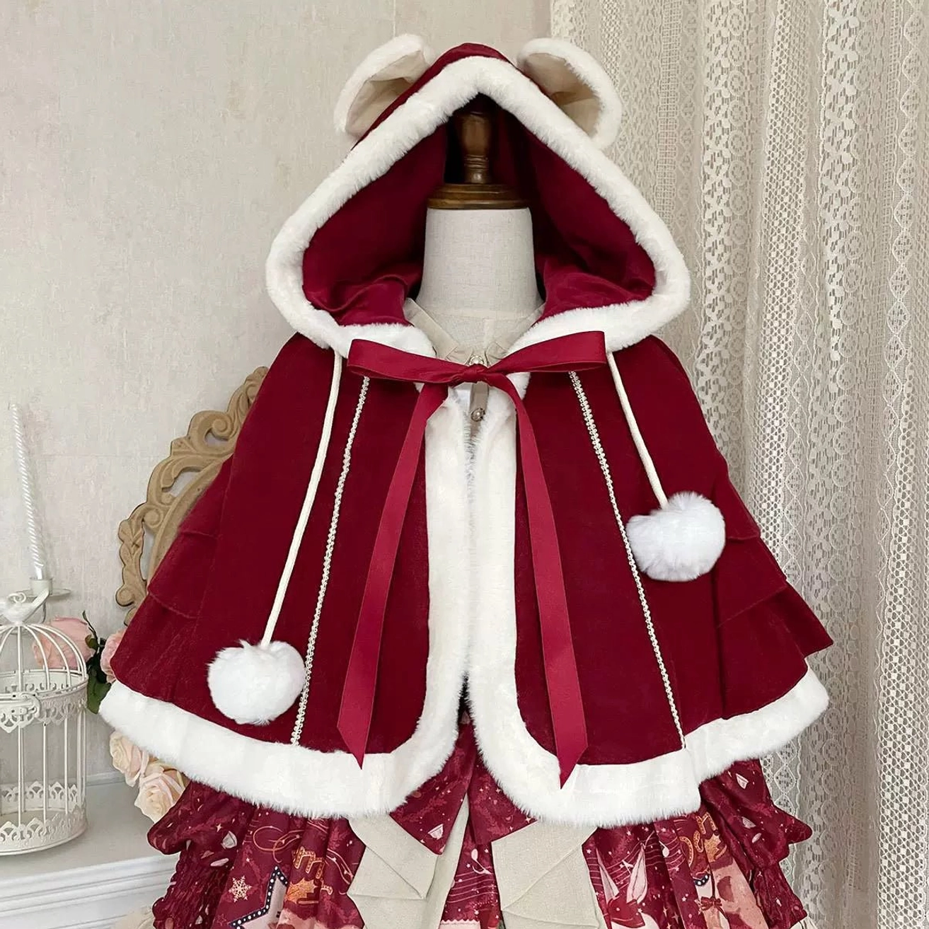 Lolita fur trimmed cape standalone showing white plush trim burgundy wine red base color bear ear hood design and 3-tiered shoulder construction