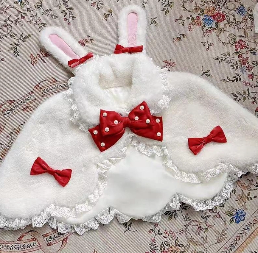 Red polka dot pearl-decorated bow Lolita winter cape with pink inner rabbit ears and lace trim detail