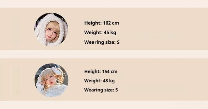 Size reference model chart showing two lolita fashion models at different heights and weights wearing size S bear and rabbit ear hood capes demonstrating fitting on various body types