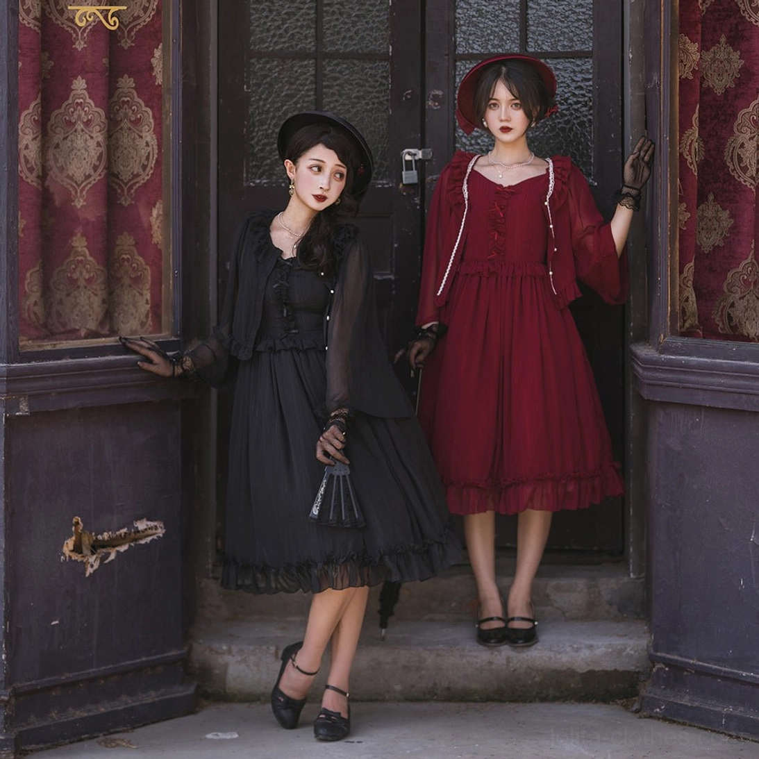 Burgundy and black lolita cardigan options displayed side by side demonstrating versatile color coordination for gothic lolita and classic lolita coordinates with dimensional ruffled details