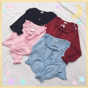Four-piece set of sweet lolita cotton cardigans in various colors, flat lay display showing ruffled collars and hollow knit design
