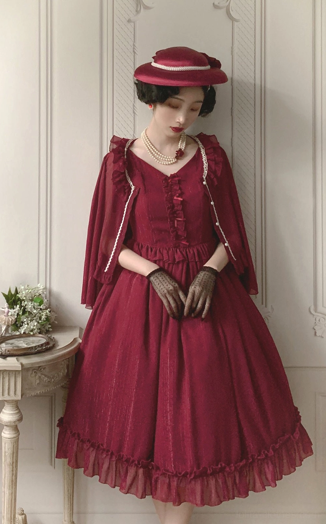 Lolita cardigan ruffled neckline and shoulder construction detail showing dimensional design elements and delicate chiffon fabric meeting authentic lolita aesthetic standards