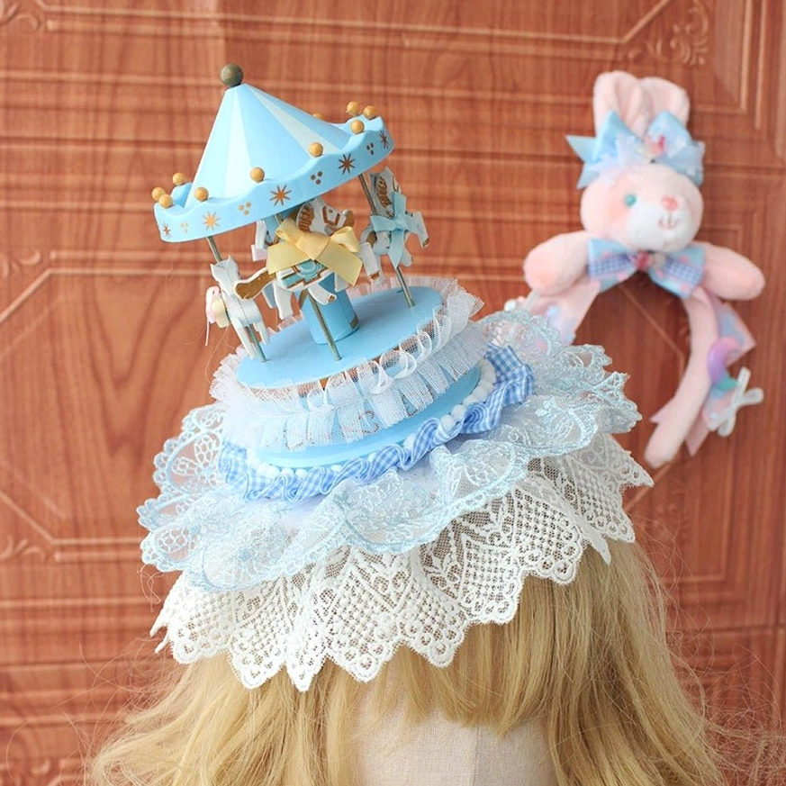 Sky blue handmade lolita carousel mini top hat worn on blonde wig showing layered white lace mesh and gingham ribbon trims back view