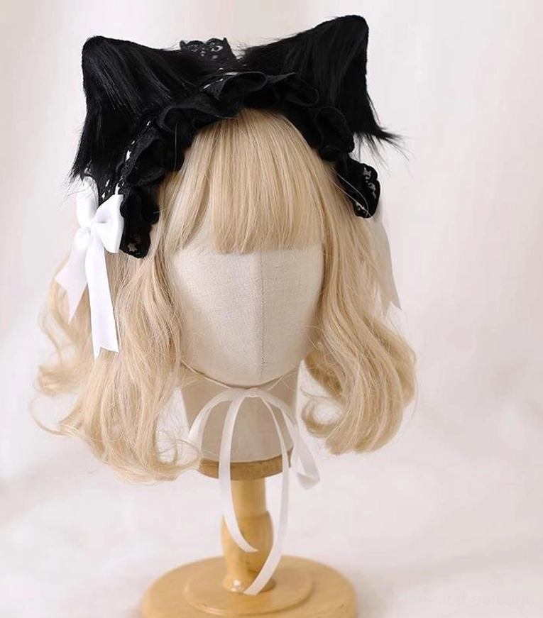 Alternative fashion Lolita cat ear headband with intricate black lace trim and white satin side bows, showcasing delicate ruffled edge design