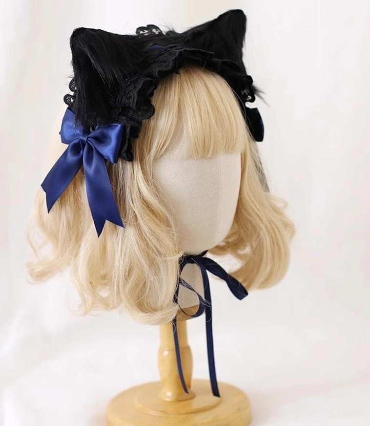 Japanese Lolita cat ear headdress with Korean pink satin bows and black lace ruffled edge, featuring removable black faux fur ears