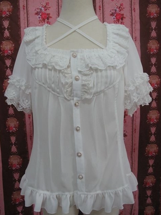 Square collar lolita blouse full front view displaying classic lolita silhouette with crossover straps and flounce hem