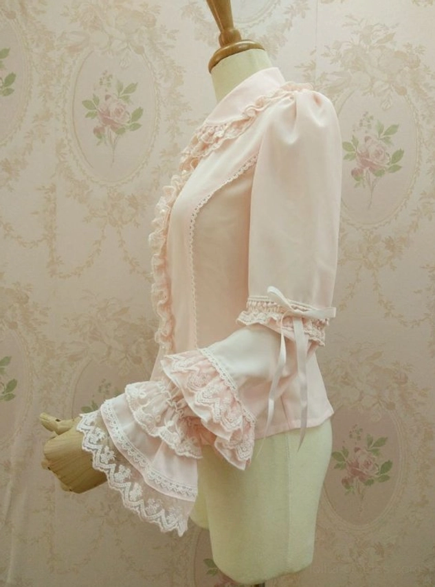 Lolita chiffon shirt right side view puffed shoulder design ribbon strap upper arm double-layered lace ruffle cuffs
