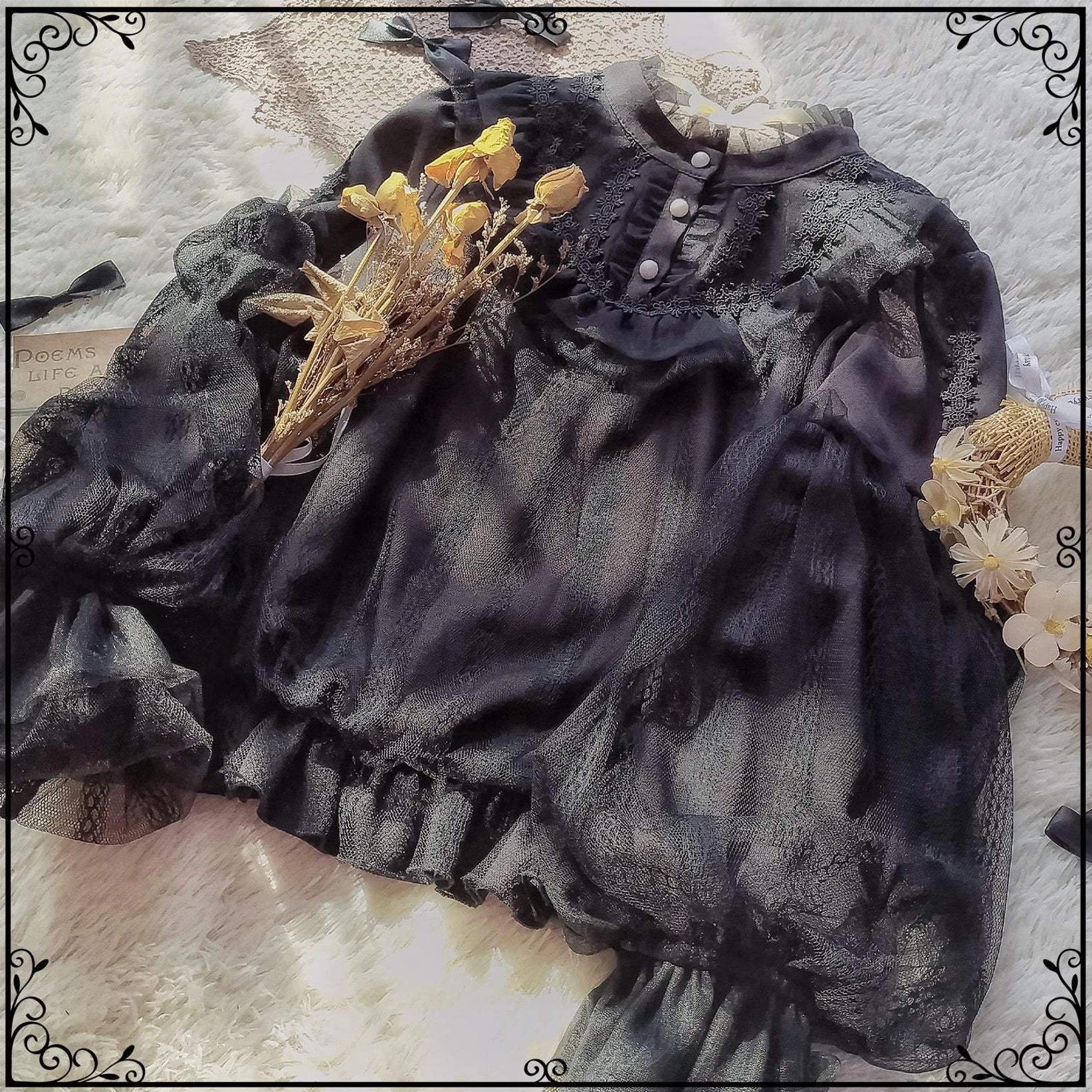 Lolita chiffon blouse detail showing ruffled stand collar, embroidered lace trim, and sheer lantern sleeve construction for authentic subculture fashion