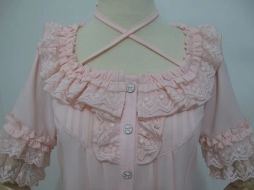 Square collar chiffon lolita blouse detailed styling shot showcasing lace embroidery crossover straps and romantic silhouette
