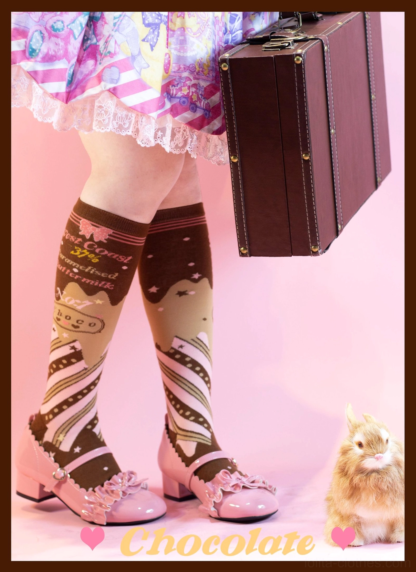 Chocolate lolita socks detailed embellishment close-up letter print striped polka dot two-tone coordination design