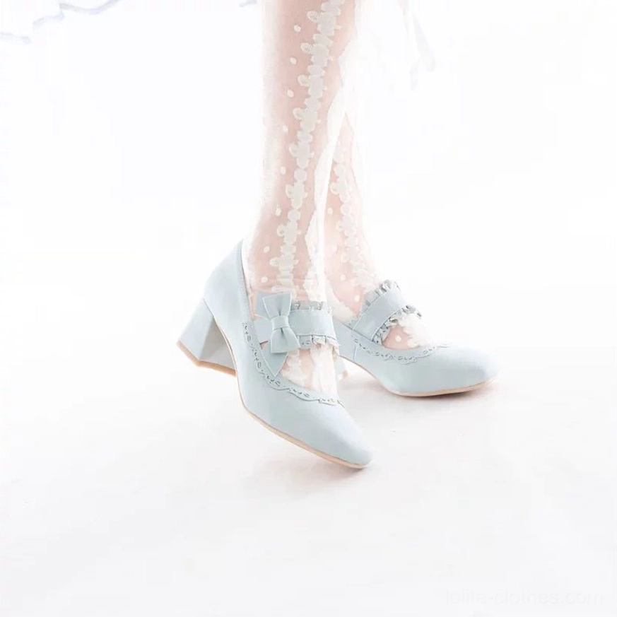 Lolita mary jane chunky heels in multiple color options including haze blue and cream apricot varieties, comprehensive product shot highlighting color selection and availability