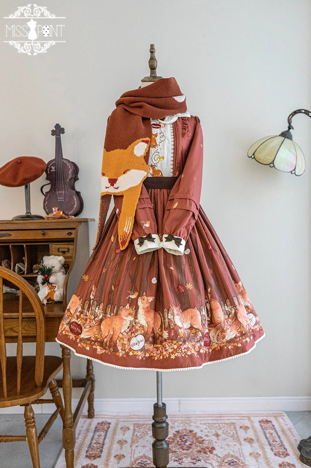 Lolita classic coordinate outfit featuring forest fox embroidered collar brown dress woodland aesthetic vintage styling full look