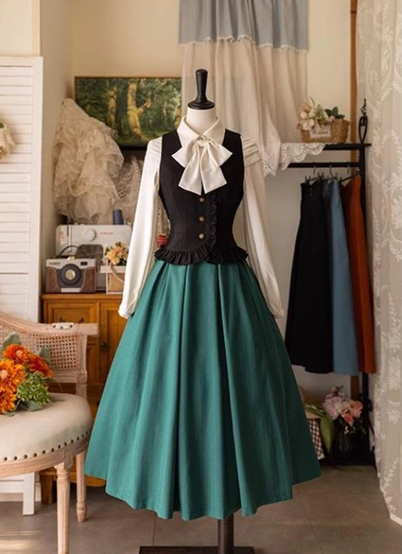 Lolita classic skirt aqua blue teal green with black waistcoat white ruffled blouse romantic vintage coordinate