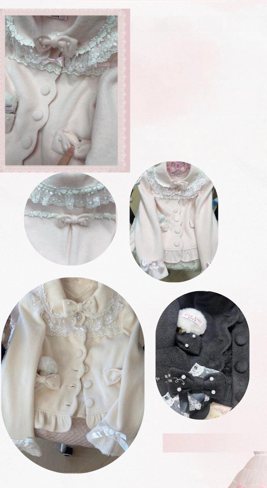 Lolita coat detail showcase collage featuring multiple close-up views of lace collars ruffled hems cream and black colorways
