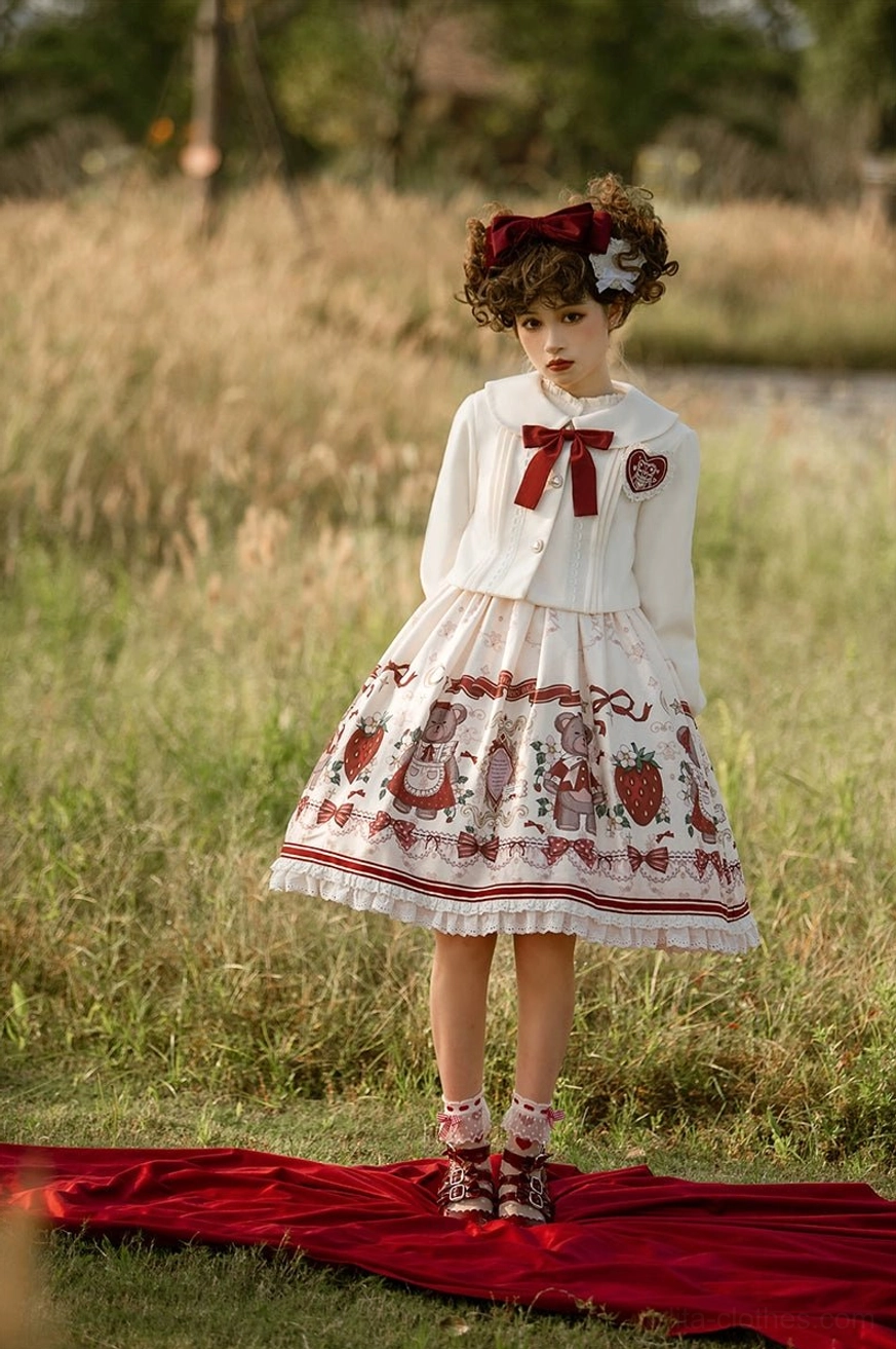 lolita coat and jsk ensemble coordination burgundy bow matching across cape coat and jumper skirt design