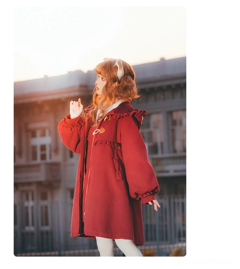 Lolita coat off white cream color variant cat ear hood ruffled details ethereal romantic sweet lolita styling aesthetic