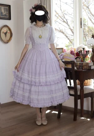 Lavender purple tiered ruffle lolita midi dress coordinate set model wearing vintage dining room square lace neckline puff sleeves
