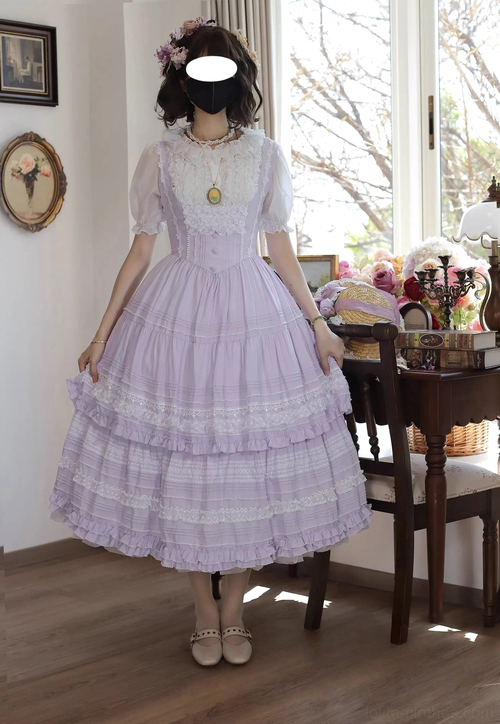 Lavender purple tiered ruffle lolita midi dress coordinate set model wearing vintage dining room square lace neckline puff sleeves