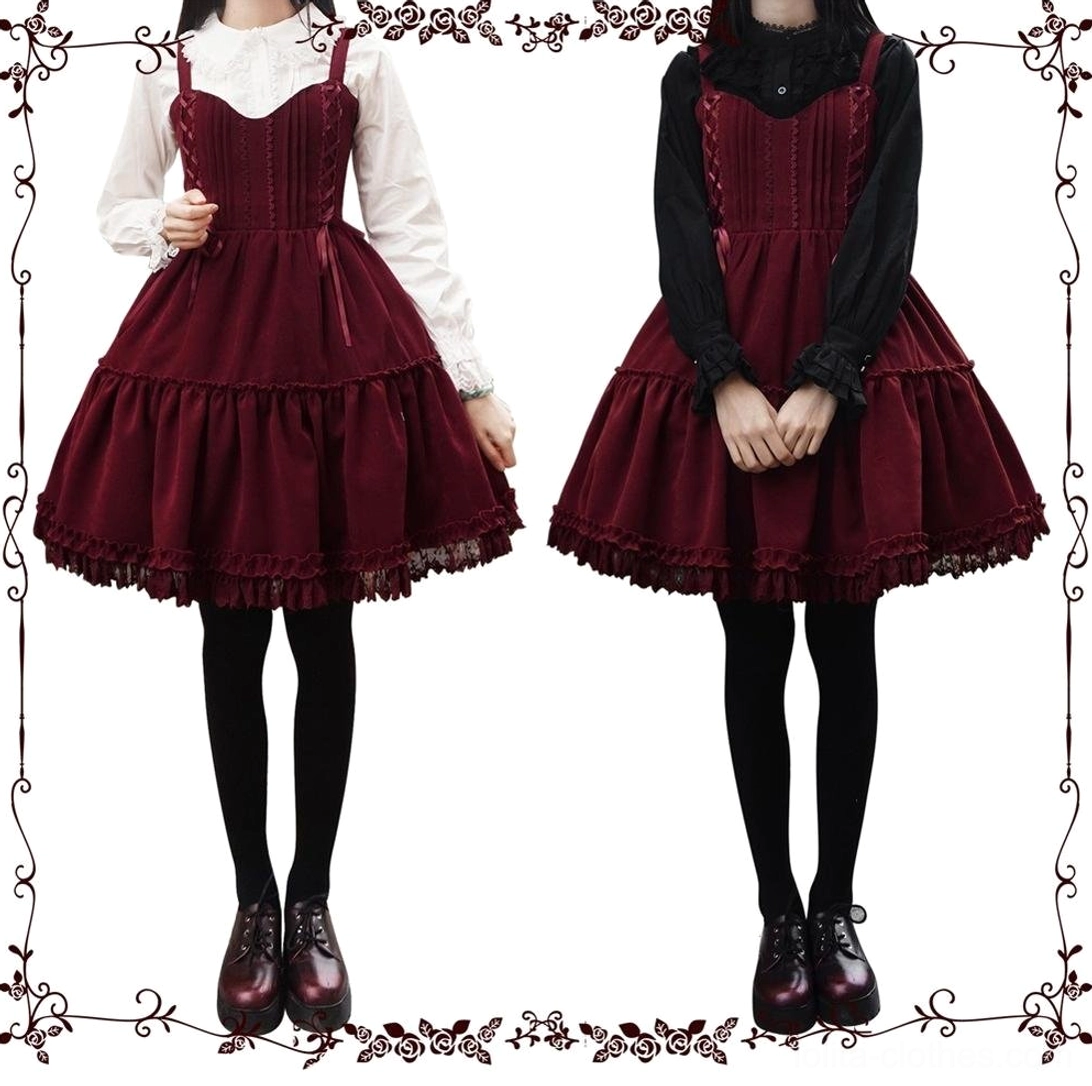 Pair of matching lolita outfits side-by-side different poses burgundy jsk same silhouette two inner blouse styling alternatives