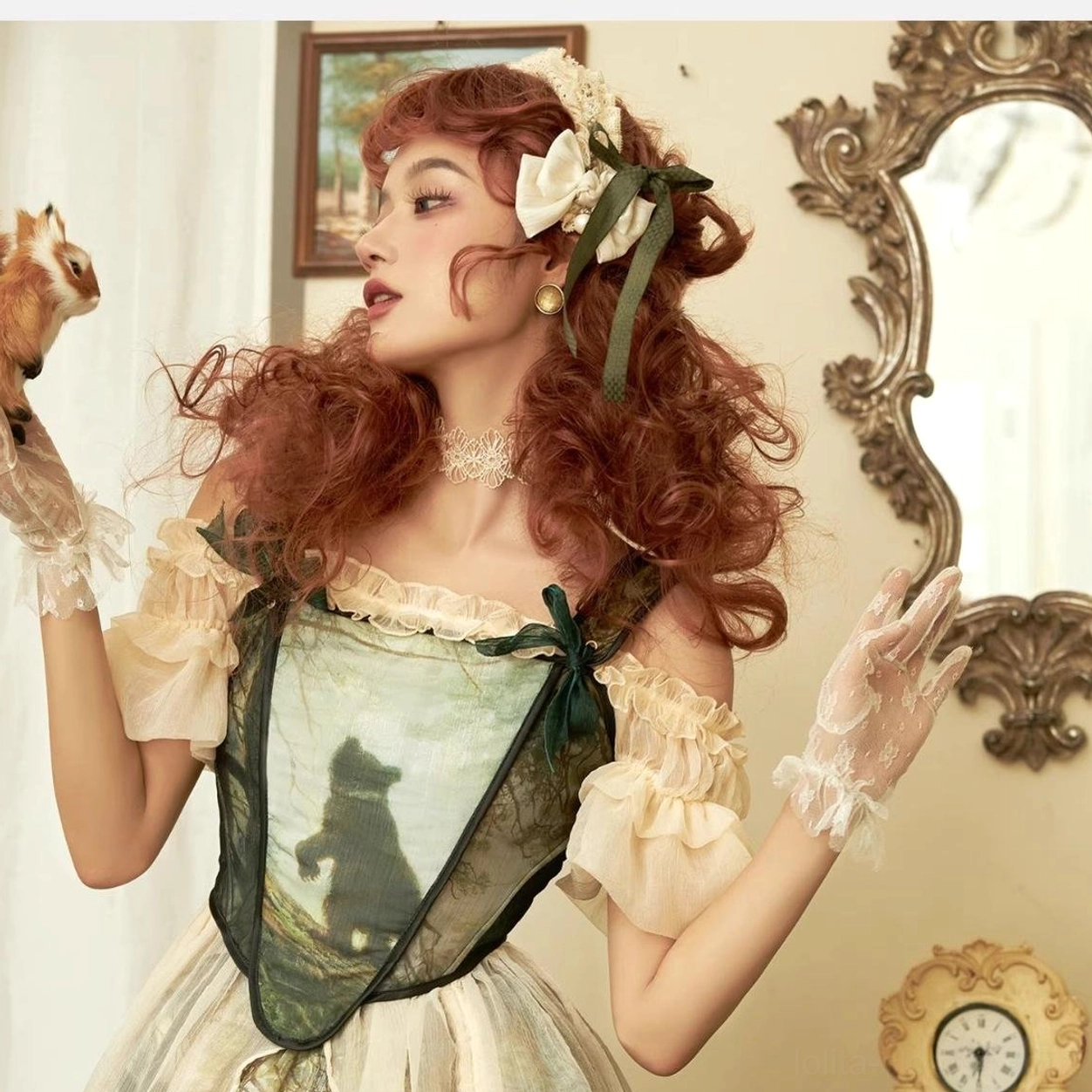Elegant lolita corset bodice structure fishbone boning side chain accents black bear print design