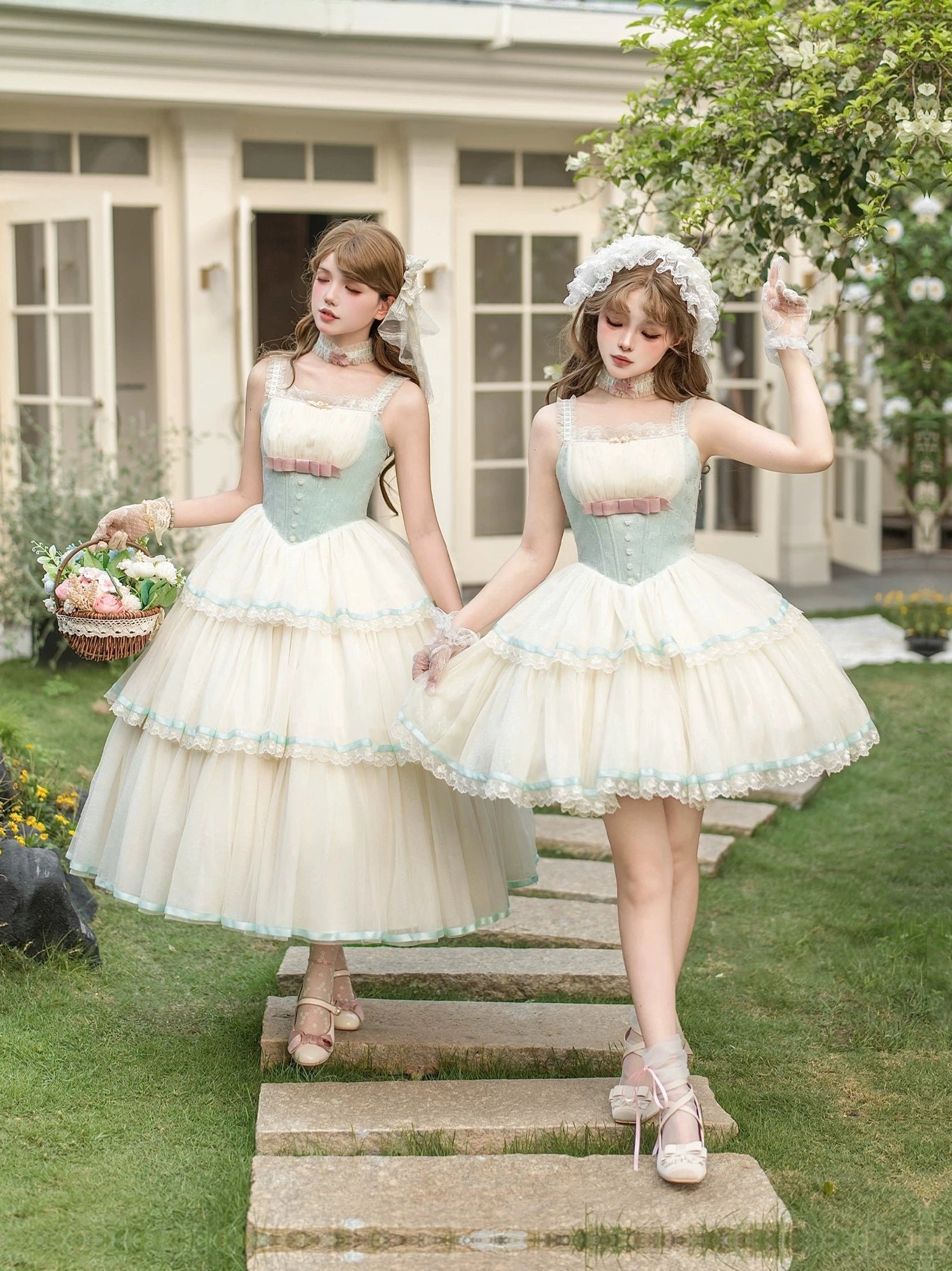 Classic lolita corset JSK dress short and long versions garden stone steps dual-model coordinated styling