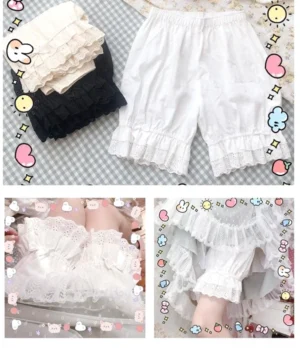Close-up detail view of authentic lolita cotton bloomers highlighting multi-layer ruffled hollow embroidery lace cuffs, elasticated waist construction, and delicate hand-finished lace craftsmanship visible in black and white color variants with premium cotton texture
