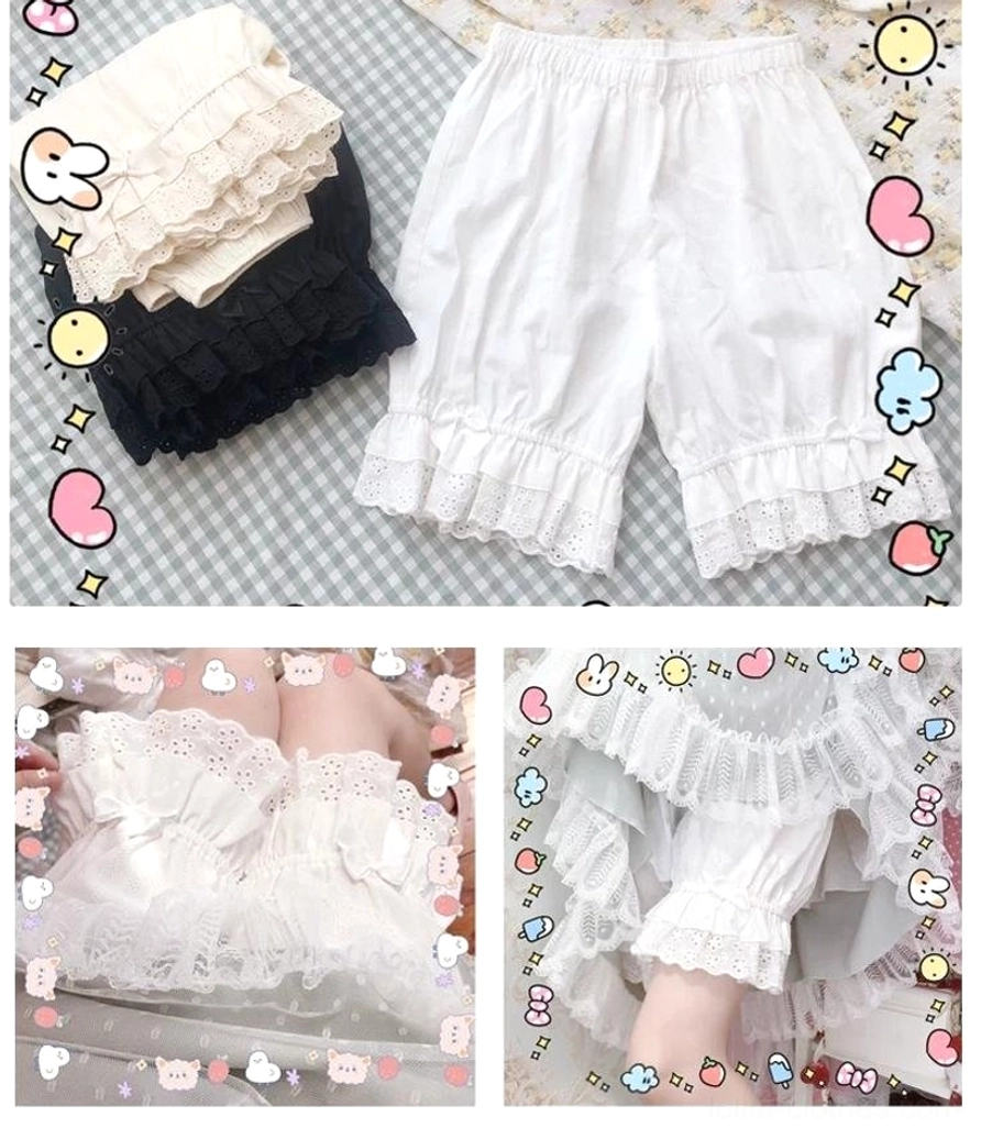 Close-up detail view of authentic lolita cotton bloomers highlighting multi-layer ruffled hollow embroidery lace cuffs, elasticated waist construction, and delicate hand-finished lace craftsmanship visible in black and white color variants with premium cotton texture