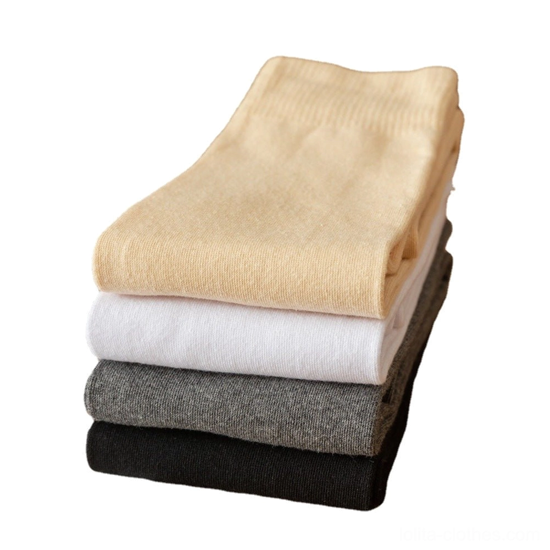 Folded lolita cotton stockings four-color stack flat lay wooden surface black grey beige white neatly arranged