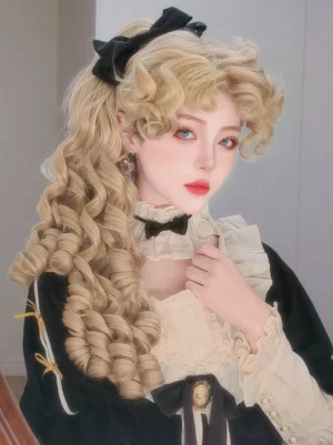 Retro Lolita curly wig with detachable ponytails styled in light blonde ringlets, paired with black vintage lace dress and hair bow