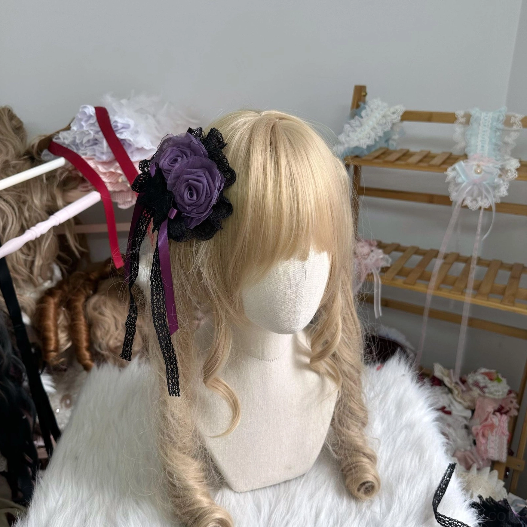 Dark purple Hanamaru Lolita headdress with flower circle motif and purple rose accents for unique alternative fashion aesthetic statement piece