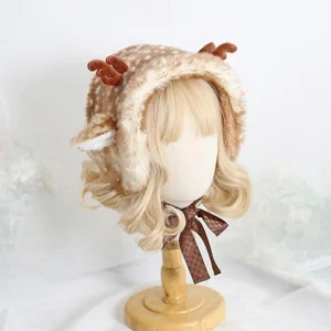 Kawaii lolita deer earmuff warmer hat with fawn spot plush fabric and brown antler decorations on blonde wig mannequin front view