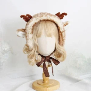 Sweet lolita deer themed earmuff hat showing plush ears and checkered ribbon neck tie on mannequin direct front view