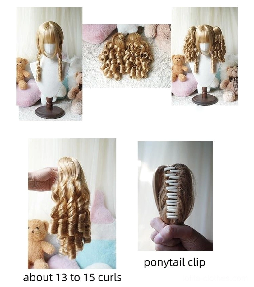 Loose curly ponytail hair bundles for Lolita bob wig featuring 13-15 tight spiral curls matching base wig color flat lay on neutral background