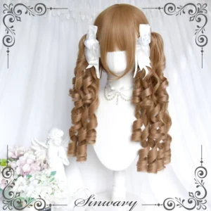 Lolita twin ponytail curly wig with flaxen gold color paired with white bow hair ornaments, displayed on mannequin with neat bangs and white curtain background with floral arrangement