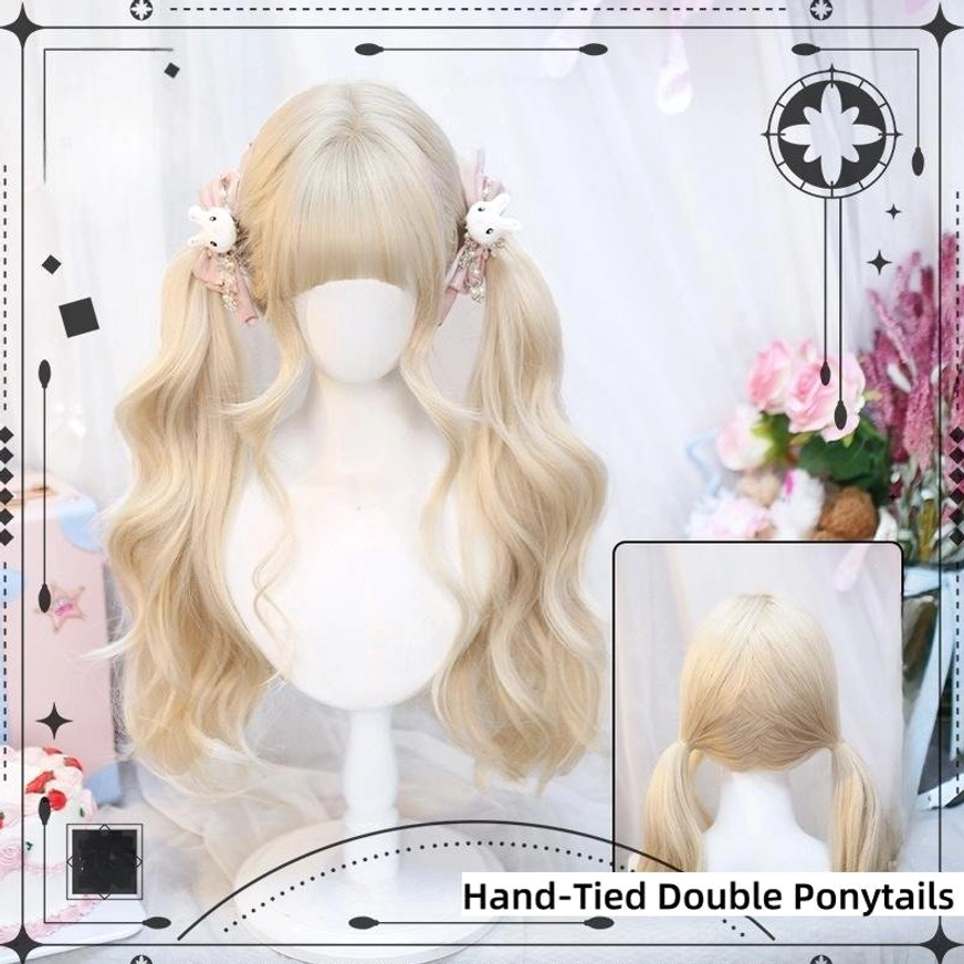 Light blonde lolita wig hand-tied double ponytails with flower hairpins long wavy texture front back detail