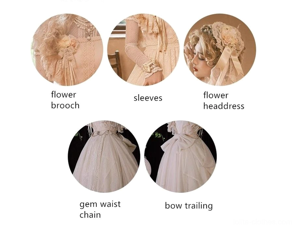 Pearl waist chain and lace sleeve accessories for Lolita OP dress, one-size and size-specific options available for coordinate customization