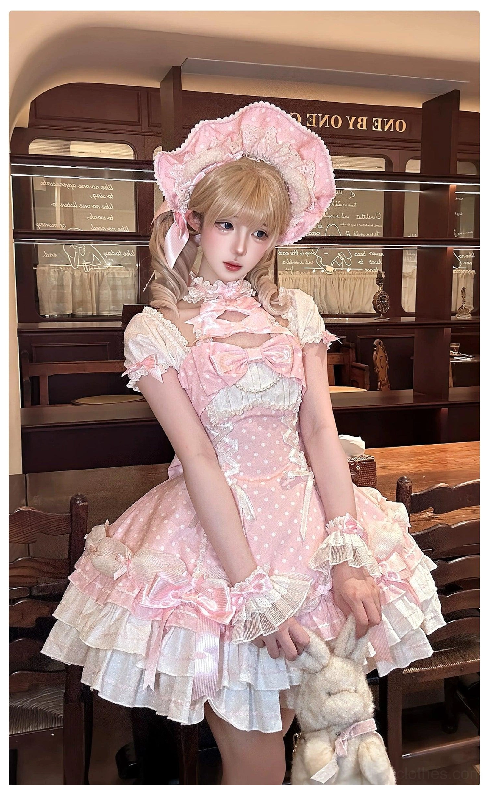 Lolita halter polka dot dress back lace-up and elastic shirring detail showing waist adjustment feature