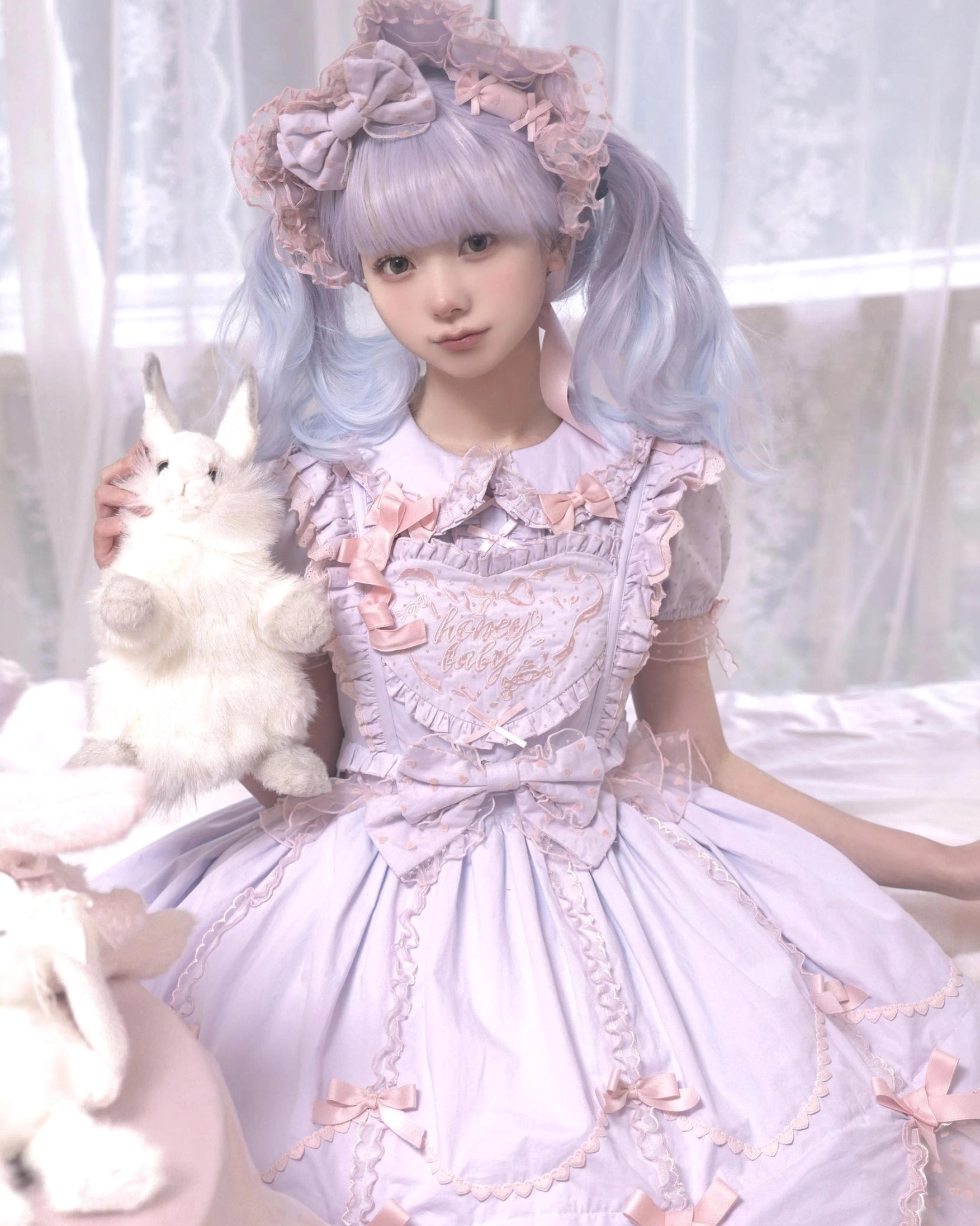 Sweet Lolita dress blouse and accessory components separately displayed showing doll collar and lace-trimmed cuffs
