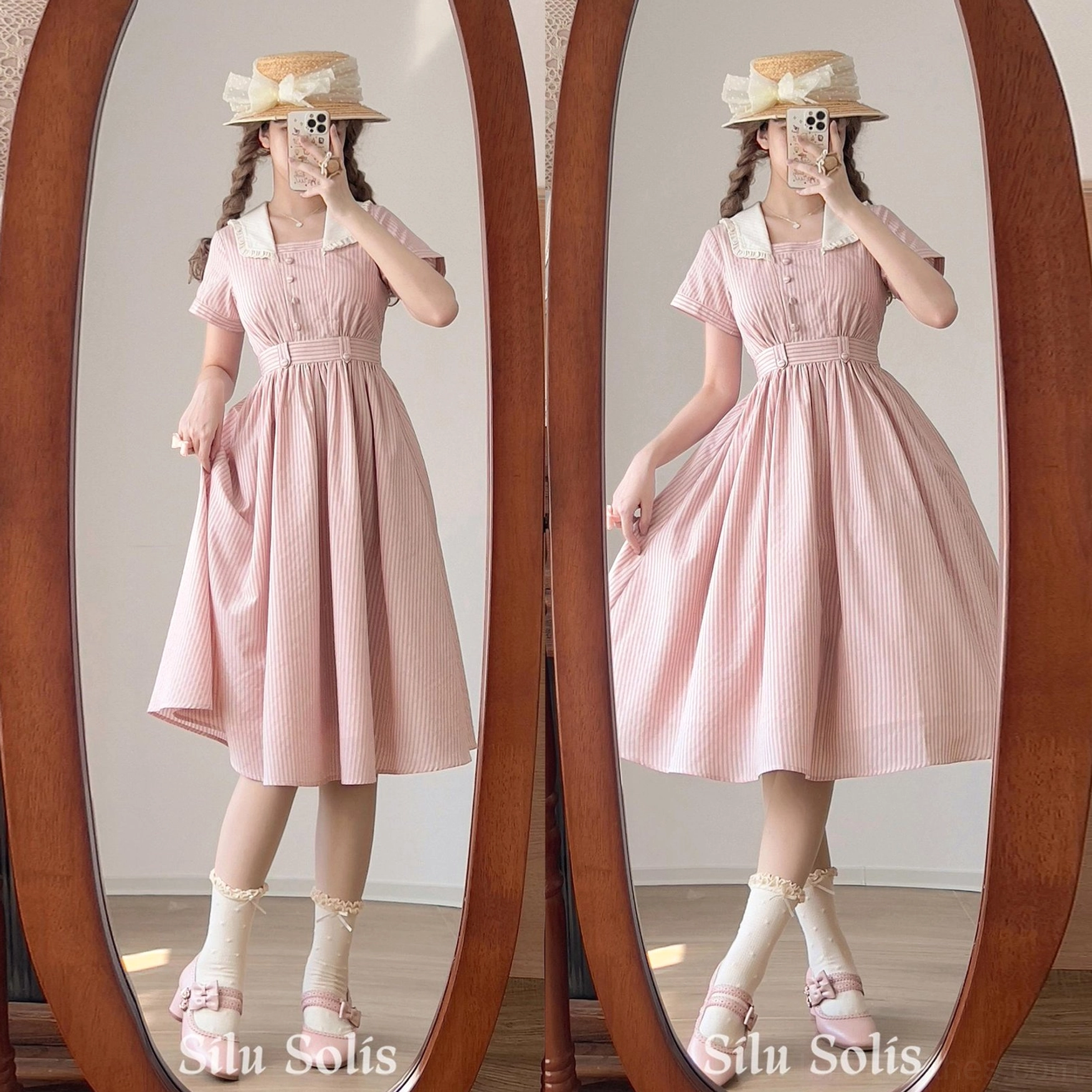 Lining interior view and construction details of striped Lolita OP dress showing 100% cotton lining quality and garment assembly craftsmanship