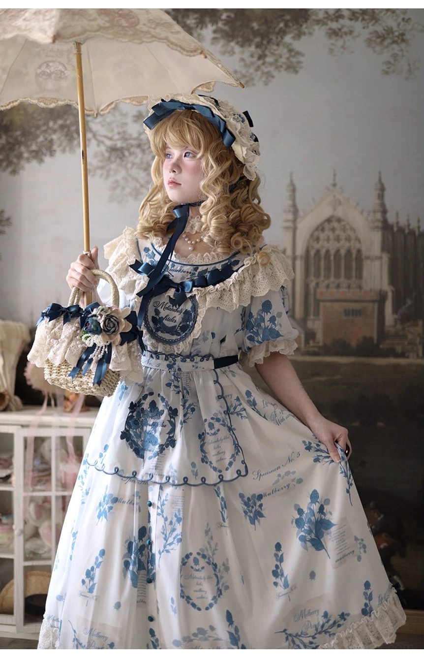 Close-up detail of lace trim and ruffle accents on Lolita dress skirt hem showing intricate craftsmanship and elegant embellishment design
