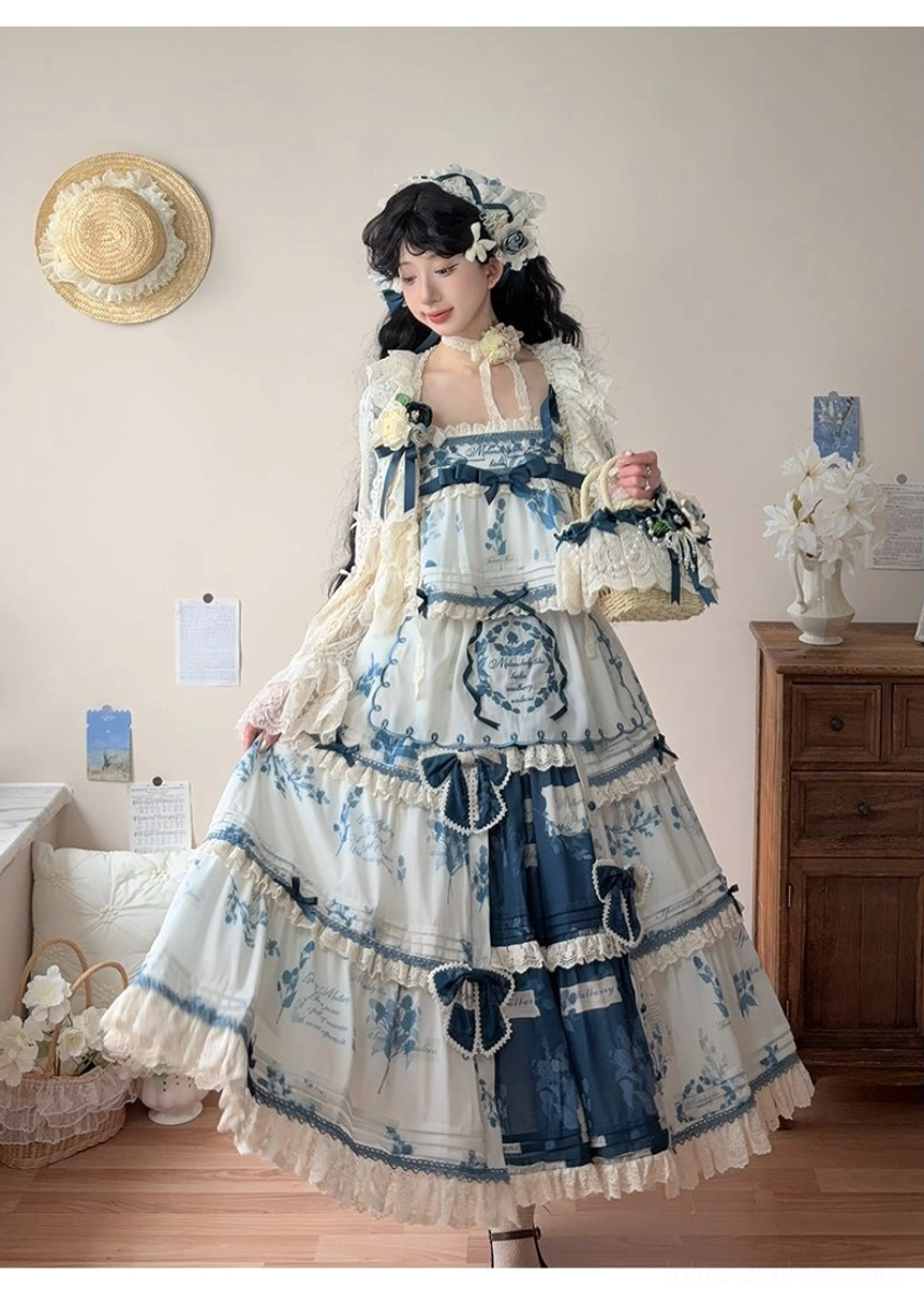 Matching cardigan layer in soft coordinating tone photographed with Lolita dress ensemble showing seasonal versatility and layering options